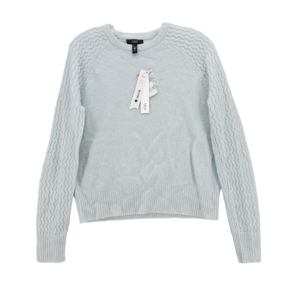 NWT AQUA 100% Cashmere Sweater Shell Stitch Sleeve Sky Ivory Blue Size XS